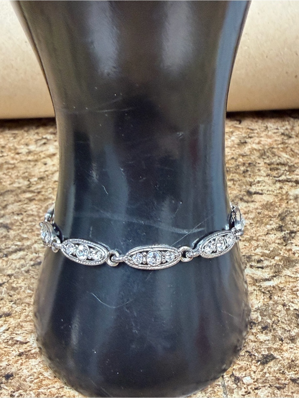 Silver Tone Rhinestone Link Bracelet Art Deco Style 7.25” Fold Over Clasp
